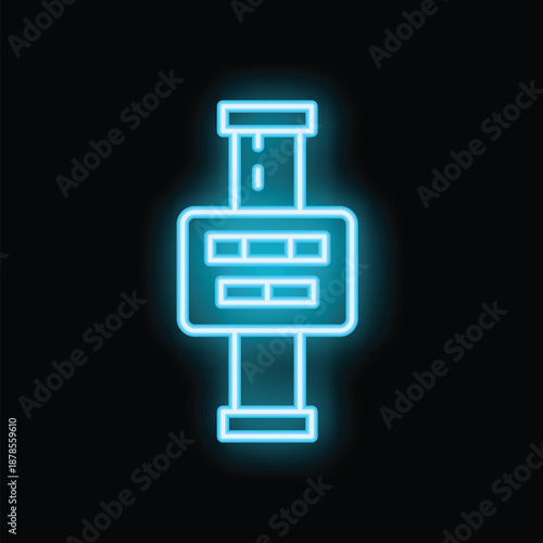 Blue neon icon of a parking meter glowing on a black brick wall background