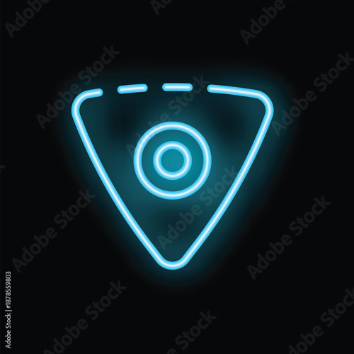 Neon blue icon of a guitar pick glowing on dark background