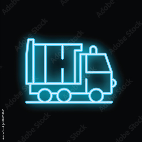 Glowing blue neon icon of a garbage truck on a dark background, representing waste management and urban cleaning services