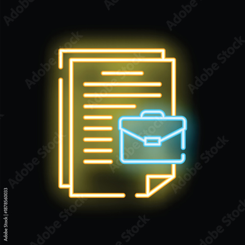 Glowing neon icon of a briefcase placed on documents, representing business and legal matters