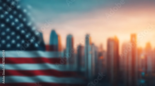 A blurred city skyline with an American flag in the foreground, evoking a sense of patriotism and urban life.