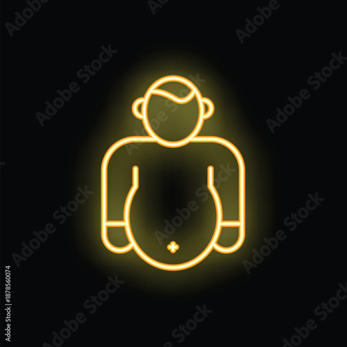 Yellow neon sign representing a person with overweight on a black background