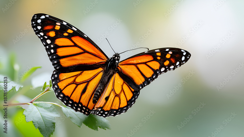 Obraz premium Monarch butterfly (Danaus plexippus) resting on green leaves with soft bokeh background