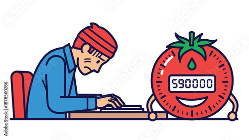 Focused Worker and Tomato Timer for Time Management and Productivity Illustration