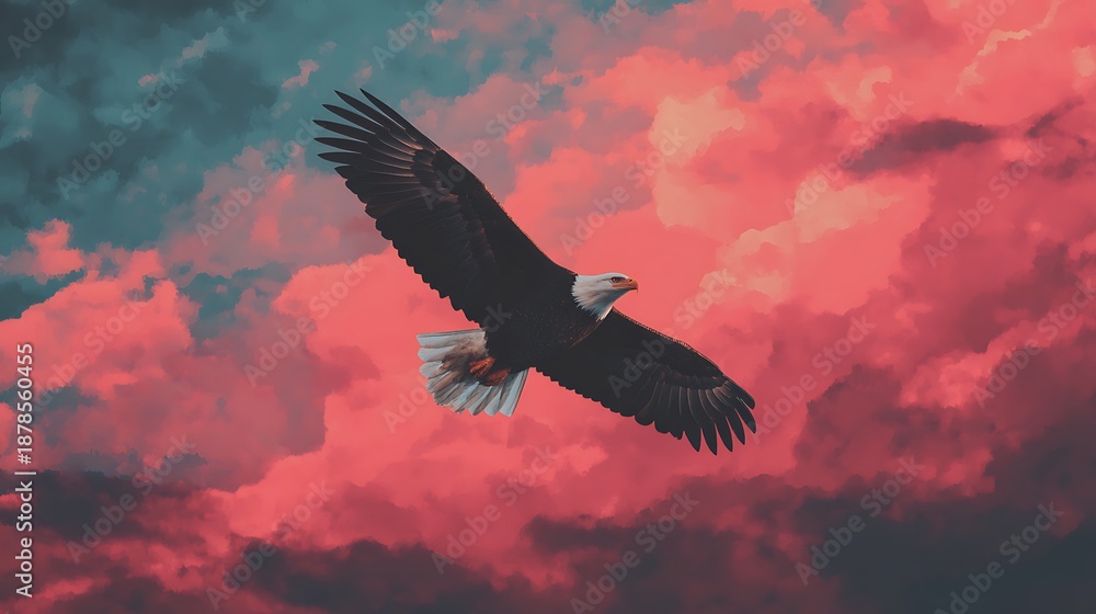 Fototapeta premium A majestic eagle soars through vibrant pink and blue clouds, showcasing its wings in a stunning display of nature's beauty.