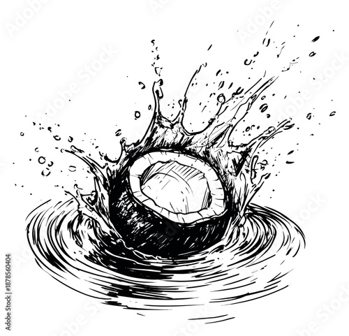 Hand drawn line art illustration of a half coconut depicting an intense splash for tropical beverage concepts
