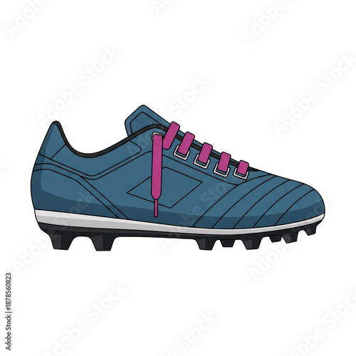 Single Blue Football Soccer Cleat Shoe with Pink Laces Vector Illustration