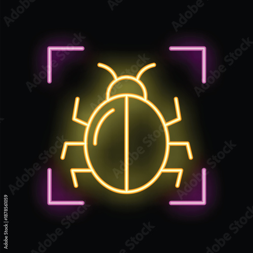 Glowing neon sign representing a bug trapped in a square, referring to the debugging process
