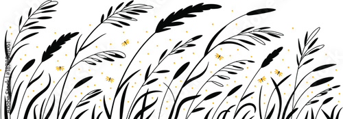 Black and white illustration of tall grass and wildflowers blowing in the wind