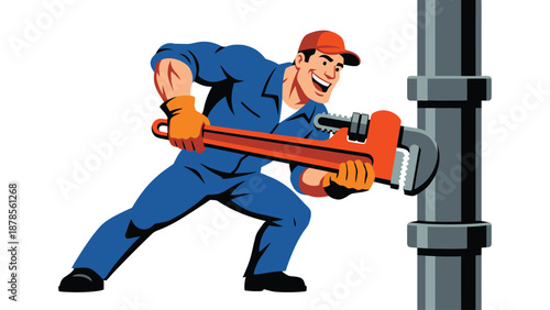 Cartoon Plumber Fixing Pipe with Wrench - Repair Illustration