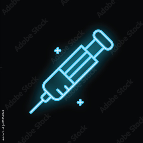 Neon blue medical syringe glowing on black background, concept for healthcare, vaccination and medicine
