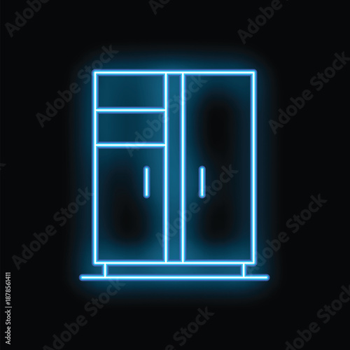 Blue neon light icon of a wardrobe glowing on black background