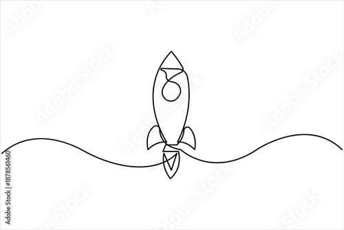 Continuous one line art Rocket drawing of spacecraft launch, startup, innovation vector illustration