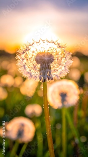 Dandelion seeds glow with the warm light of sunset in a grassy field, soft-focus background