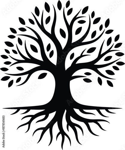 Black tree silhouette with artistic branches and deep roots symbolizing growth balance nature spirituality harmony life vector illustration isolated background