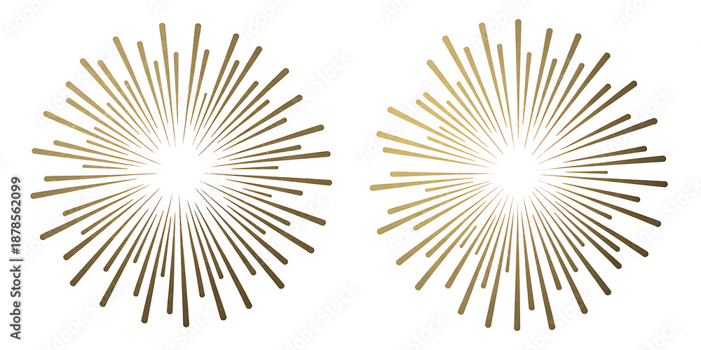 Obraz premium Two Golden Starburst or Sunburst Elements with Glitter Texture Isolated on White Background, Vintage Retro Design Graphics