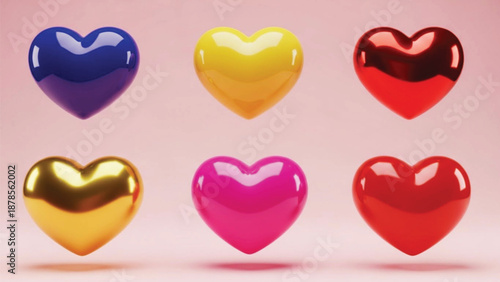 Six shiny 3d hearts in different colors deep red, blue, pink, gold, red, and yellow on a soft pink background.