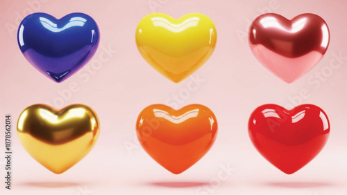 Six shiny 3d hearts in different colors orange, blue, pink, gold, red, and yellow on a soft pink background.