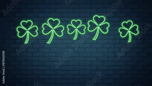 Neon Shamrock Lights on Dark Brick Wall - Symbol of Luck and St. Patrick's Day Celebration
