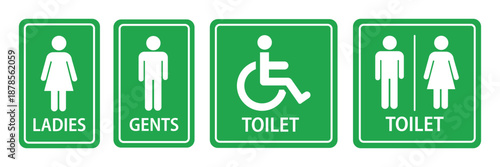 Toilet icons set. Men and women restroom icon sign right arrow. Disabled wheelchair icon. Vector Illustration