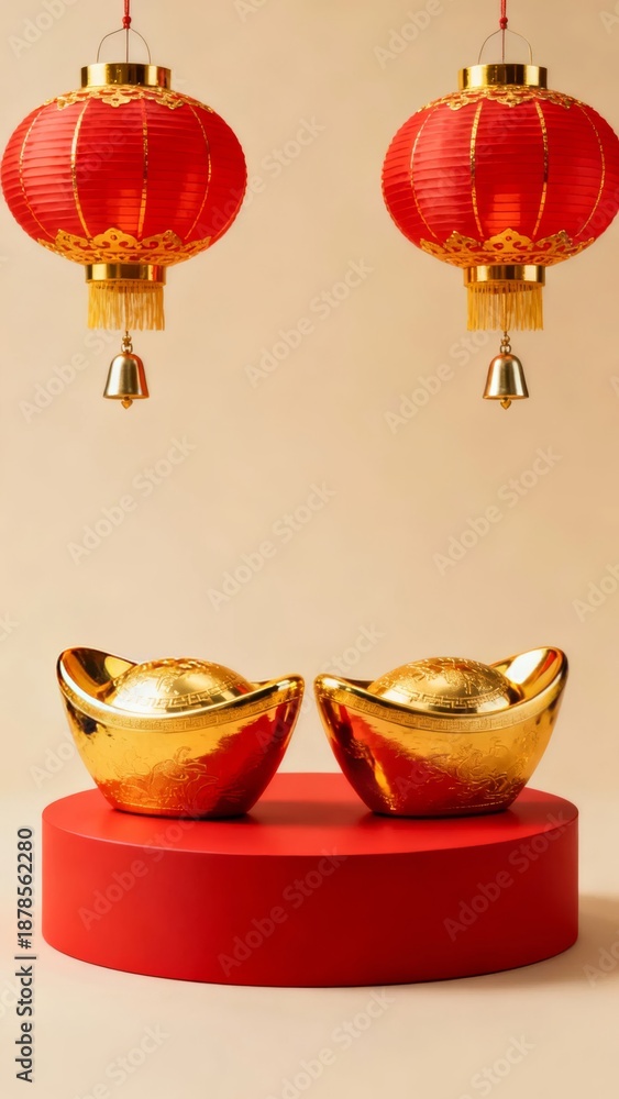 Fototapeta premium Two golden ingots displayed on a red pedestal beneath two red lanterns symbolizing prosperity and celebration.