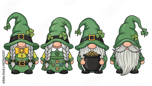 Four Cute Saint Patrick's Day Gnomes with Shamrocks and Pot of Gold