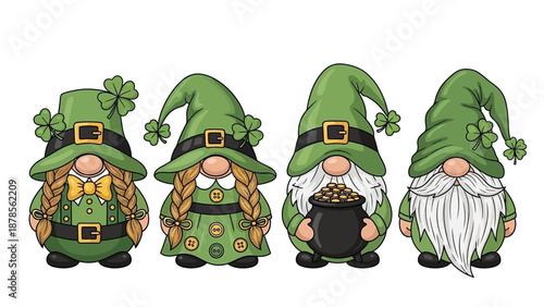 Four Cute Cartoon Gnomes Wearing Green Hats and Outfits with Clovers, St Patrick's Day Theme