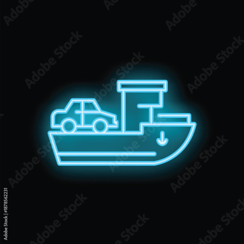 Blue neon icon of a car ferry transporting a car across water, representing maritime transportation