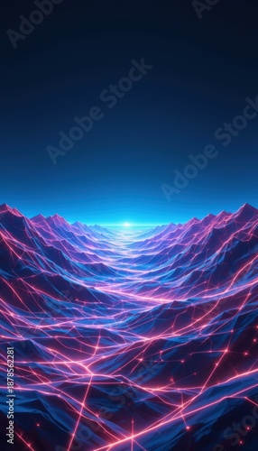 Low poly landscape with glowing neon grid lines and distant blue sun