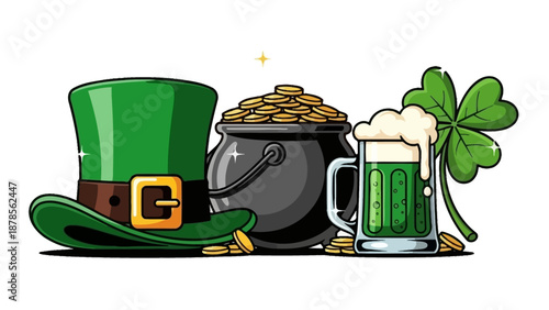 St. Patrick's Day Symbols: Leprechaun Hat, Pot of Gold, Beer, and Clover
