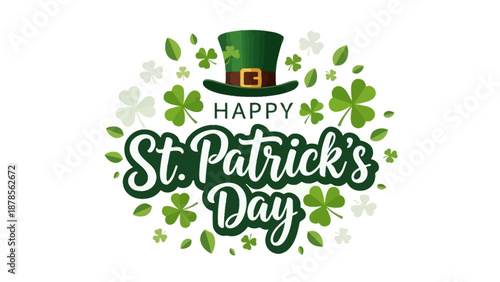 Happy St. Patrick's Day greeting with shamrocks and a leprechaun hat