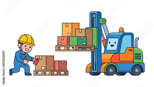 Warehouse Worker & Forklift Cartoon - Logistics and Transportation