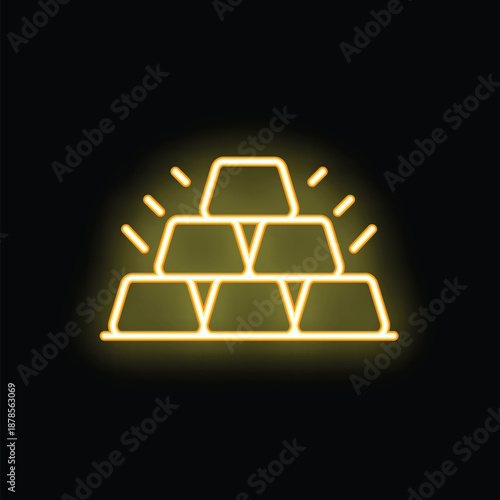Shining neon illustration of gold bars stacked in pyramid shape glowing on black background