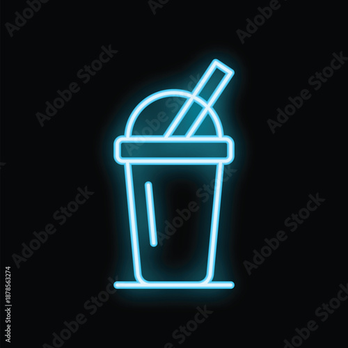Blue neon sign showing a refreshing drink with a straw in a plastic cup