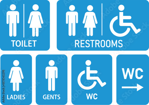 Toilet icons set. Men and women restroom icon sign right arrow. Disabled wheelchair icon. Girls and boys restrooms sign and symbol. bathroom sign. wc, lavatory. Collection of Toilet and Restroom Direc