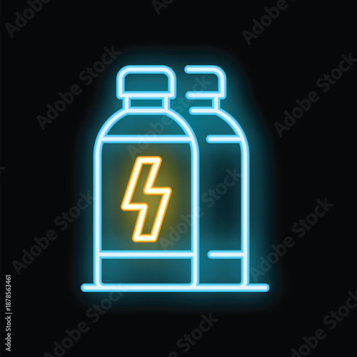 Neon sign illustration of two protein shake bottles with a lightning icon on one, glowing brightly against a dark background