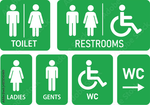Toilet icon. WC sign. Printable sticker of toilet symbol sign with woman wc man handicapped baby icons. Restroom bathroom and change room sign. WC door plate symbol. Girls and boys restrooms sign