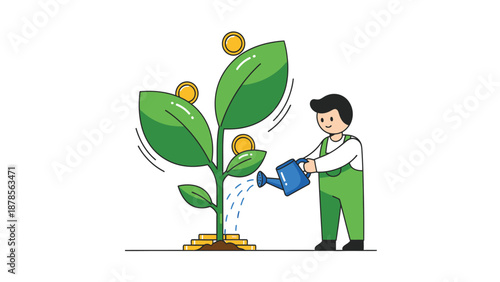 Financial growth and investment concept. Man watering a money tree with coins, symbolizing wealth accumulation and savings.