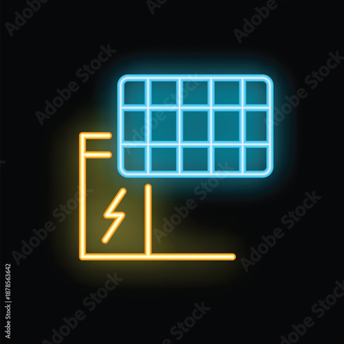 Bright neon icon of a solar panel generating electricity, glowing on a dark background