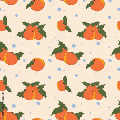 Cute Orange Fruit Seamless Pattern with Leaves