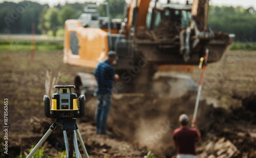 Εκτύπωση καμβά Laser leveling and surveying during excavator trench construction