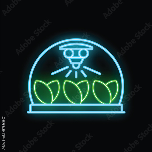 Neon glowing icon of a smart farming greenhouse system using technology to grow plants