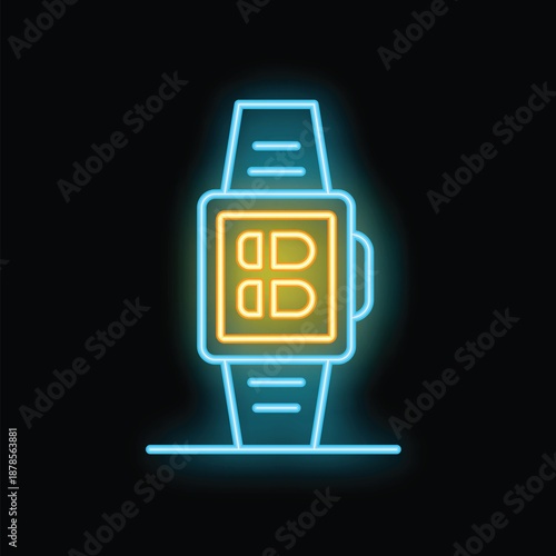 Bright glowing neon smartwatch icon with the time being displayed on the watch face
