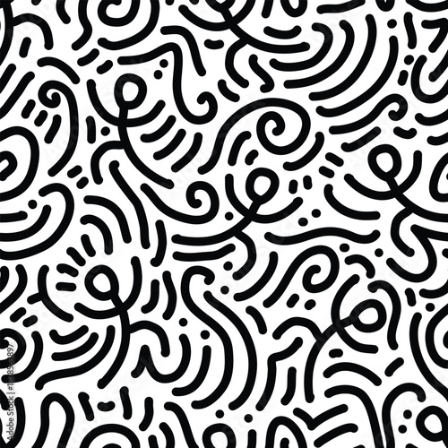 Dancing figure with black doodle pattern. Hand drawn seamless pattern.