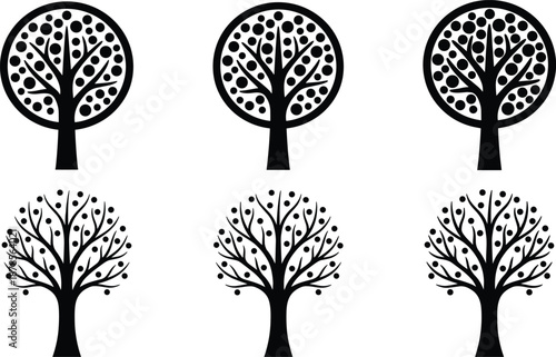 Stylized tree icon set, black silhouette vector, circular canopy foliage, branching variation design, nature illustration, botanical graphic bundle
