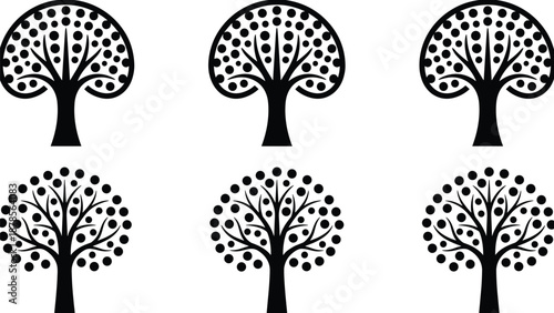 Stylized tree icon set, black silhouette vector, circular canopy foliage, organic branching design, nature illustration, botanical graphic bundle