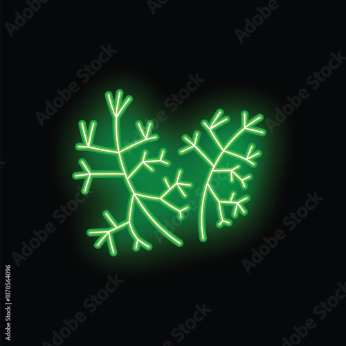 Green neon sign showing dill plants on black background