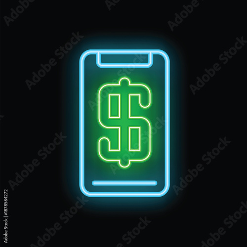 Neon sign showing a mobile phone displaying a green dollar sign, on a black background