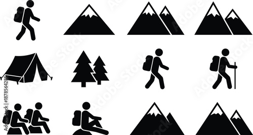 Hiking camping icon set, mountain peak silhouette, tent and backpack vector, outdoor adventure symbols, black nature illustration bundle