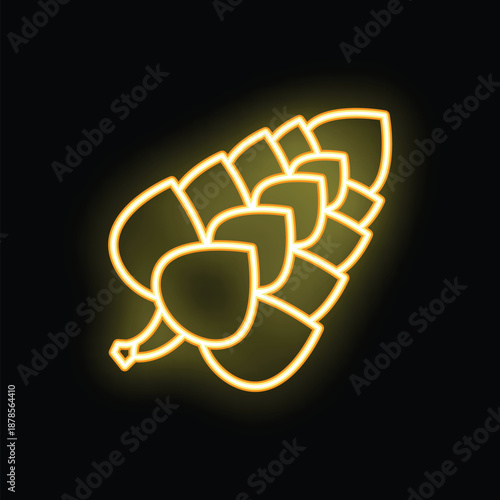 Neon icon of hop cone glowing on dark background, symbol for brewery, pub, or bar
